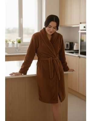 Mislina Home Lumor Şal Yaka Wellsoft Peluş Yumuşak Sabahlık  | Kahverengi