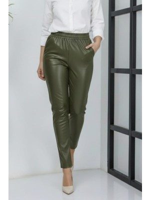 Kadın Beli Lastikli Cepli Deri Haki Pantolon