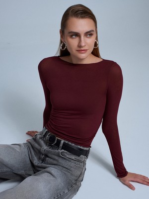 Dilvin 32371 Kaşmir Karışımlı Kayık Yaka Büzgülü Top-Bordo