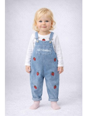 Dinamik çocuk Kız Bebek Çiçek/Çilekli/Kirazlı Nakışlı Uzun Kollu Badili Esnek Kot Salopet 2li Takım Bayramlık 6-9-12-18-24aylık