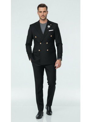 Plus Scorpion Erkek Kruvaze Gold Düğmeli Dokulu Likralı  Kumaş Blazer Ceket – Modern Kesim Şık Tasarım