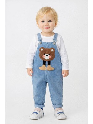 Dinamik çocuk Erkek Bebek Süzene Ayıcık Nakışlı Uzun Kollu Badili Esnek Kot Salopet 2li Takım Bayramlık 6-9-12-18-24AYLIK