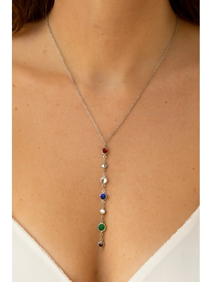 Herşey Nota Renkli Taşlı Çelik Gümüş Zincirli Y Kadın Kolye – Zarif ve Şık Tasarım