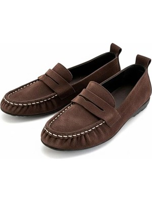 Ne&Ve Shoes Kahve Süet Hakiki Deri Astarsız Esnek Kadın Günlük Şık ve Rahat Loafer