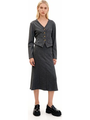 Rays Antrasit Cepli Düğmeli Hırka ve Uzun Etek Takım 3109A