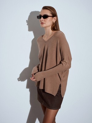 Dilvin 10844 V Yaka Kaşmir Karışımlı Kazak-K.vizon M.