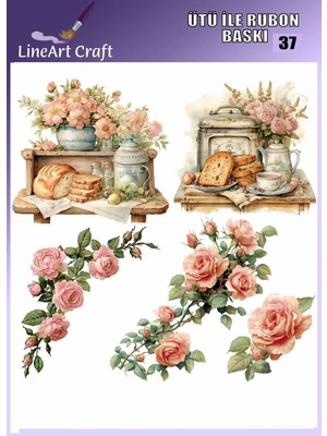 Lineart N: 37  Ekmek ve Çiçek Desenli Kumaş Transfer, Ahşap Transfer, Rub On Transfer 30*30 cm