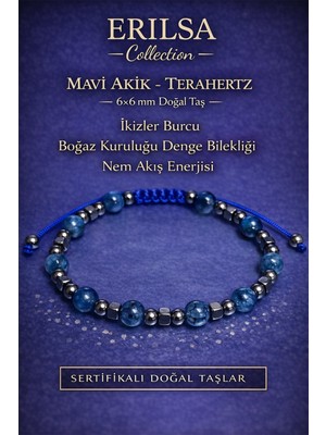 Erilsa Sertifikalı Boğaz Kuruluğu Denge Nem Akış Enerjisi Bilekliği – Mavi Akik ve Terahertz Doğal Taş