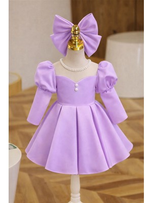 Musgem Özel Tasarım Lila Uzun Kol Inci Detaylı Kız Çocuk Abiye Elbise