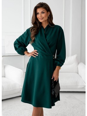 Melen Moda Kadın Uzun Kollu Hakim V Yakalı Yandan Toka Detaylı Ithal Mini Krep Elbise