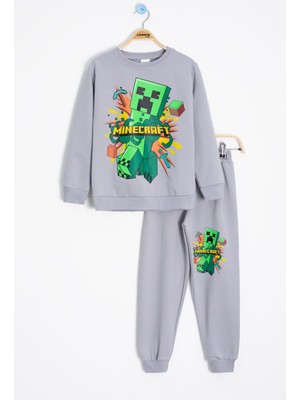 Cansın Mini Gri Erkek Çocuk Karakter Baskılı Bisiklet Yaka Eşofman Takımı 23266