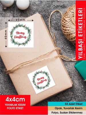Letbil Reklam Yılbaşı Çelenk Etiket - 2 , Merry Christmas, 4 cm - 55 Adet Folyo Sticker