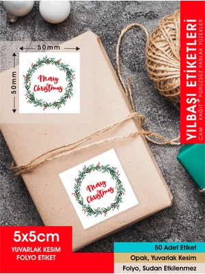 Letbil Reklam Yılbaşı Çelenk Etiket - 2 , Merry Christmas, 5 cm - 50 Adet Folyo Sticker