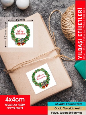 Letbil Reklam Yılbaşı Çelenk Etiket - 1 , Merry Christmas, 4 cm - 55 Adet Folyo Sticker