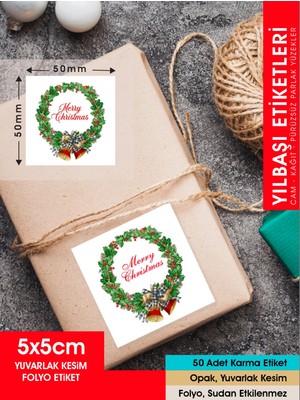 Letbil Reklam Yılbaşı Çelenk Etiket - 1 , Merry Christmas, 5 cm - 50 Adet Folyo Sticker