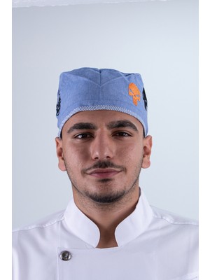 Chef Bone Kep Aşçı Şef Şapkası Kuru Kafa Desenli Mavi