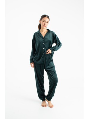 Ecrou Kadın Zümrüt Düz Bebe Yaka Kadife 2li Takım