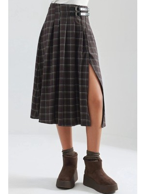 Hiccup Kadın Kemer Detaylı Kareli Pileli Midi Etek Mocha Kahvesi