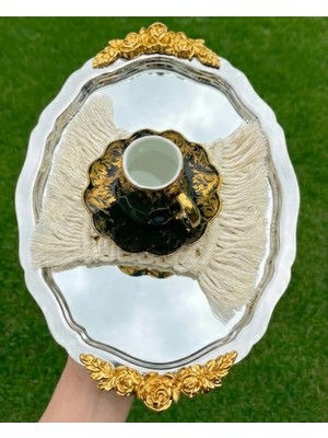 The Fabrication 6’lı Oval Gül Çiçek Aksesuarli Lüks Modern Kahve Sunum Tepsisi – Gümüş & Altın Seçenekli