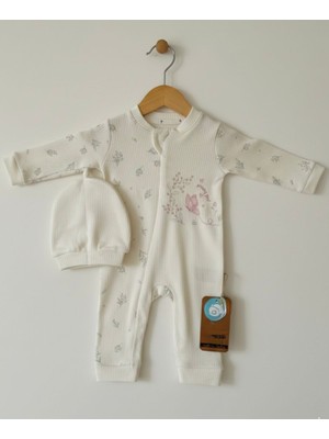By Bubbles Tuem Baby Pretty Girl Fermuarlı Pamuklu Şapkalı  Desenli Beyaz  Kız Bebek  Tulum 0-3 Ay/ 3-6 Ay / 6/9 Ay