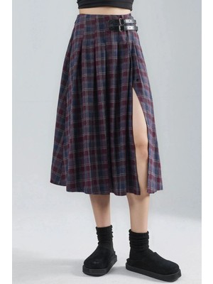 Hiccup Kadın Kemer Detaylı Kareli Pileli Midi Etek Bordo Kırmızı