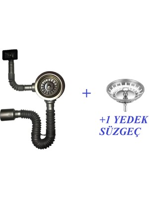 Akkon Lüks Çöpmak Yandan Taşmalı Körüklü Evye Lavabo Sifonu Gri + 1 Yedek Ekstra Süzgeç