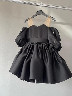 Musgem Özel Tasarım Siyah Tül Askılı Taş Detaylı Balon Kol Kız Çocuk Abiye Elbise