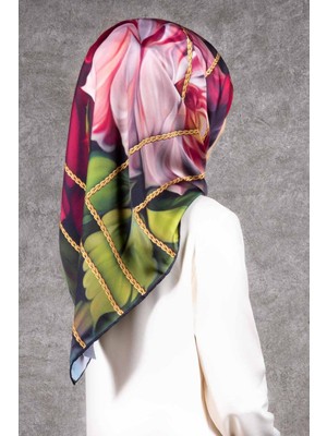 Violla Twill Gül Desenli Şarabi - Haki Renkli 90X90 Eşarp (Ipek Içermez) Kenar Dikiş Şekli El Dikişli