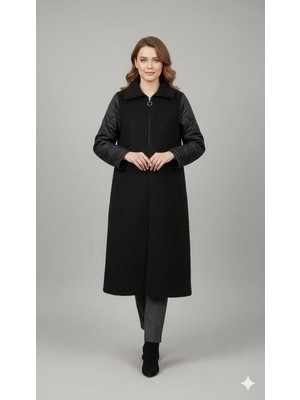 Micca Angora Doku Kapitone Dolgu Kol Detaylı Astarlı Zamansız Kaban Manto-Siyah