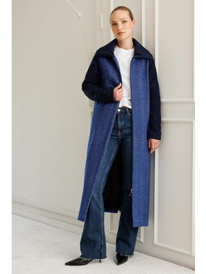 Micca Yüksek Yün İçerikli Desenli Dokuma Beden ve Triko Kol Yaka Detaylı Astarlı Zamansız Kaban Manto-Laci