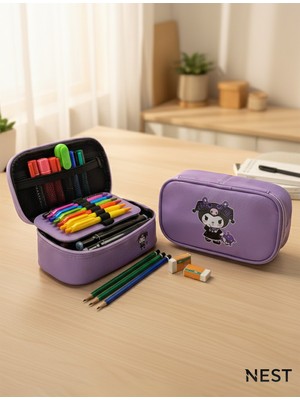 Nest Life Kuromi Baskılı Sunii Deri Lüks Lila Kalem Kutusu Kalemlik Kırtasiye Okul