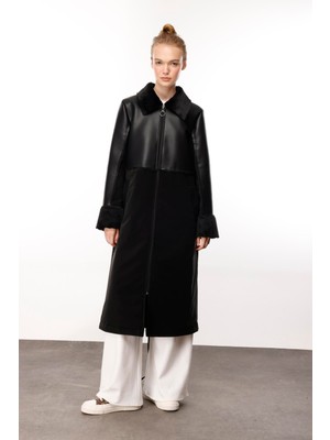 Micca Camo  Içi Yumuşak Kürk Kaplı Deri Görünümlü Üst  Beden ve  Dolgulu Spor Özel Kumaş Kaban Manto-Siyah