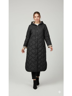 Micca Soft Elyaf Dolgulu Özel Garni Detaylı Astarlı Zamansız Kaban Manto Plus-Siyah