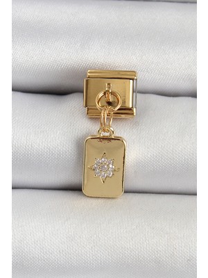 Getittir 316L Çelik Sallantılı Zirkon Taşlı Kutup Yıldızı Figürlü Dikdörtgen Model Gold Renk Nomination Charm - Lisinya