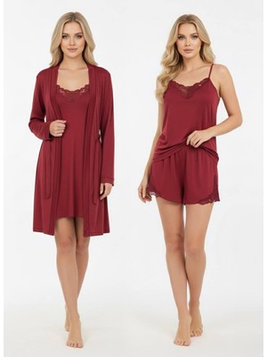 Cherry Queen Bordo Mikro Penye Dantel 4’lü Sabahlık Gecelik Şort Takım – Yumuşak ve Şık