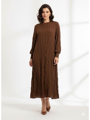 Micca İpekche Soft Kraş Ribana Kol ve Yaka Detaylı Elbise-Kahve