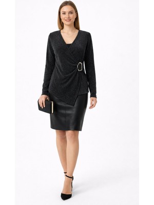 Modaplaza Kadın Kruvaze Yaka Simli Bluz 2294