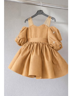 Musgem Özel Tasarım Açık Kahverengi Tül Askılı Taş Detaylı Balon Kol Kız Çocuk Abiye Elbise