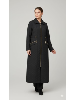 Micca Jakar Kapitone Kumaştan Üretilmiş, Fermuarlı Uzun Kaban Cep Detaylı Manto Kaban-Siyah