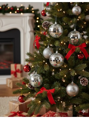 Dodomar 8 cm – Gümüş Mat Parlak Yılbaşı Top Süs Disko Topu 6 Parça Dekoratif Ağaç ve Parti Süsü