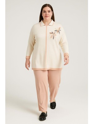 BezeXL Büyük Beden Omuzu Çiçek Baskılı Triko Ikili Takım Pembe