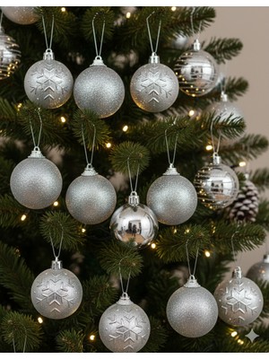 Dodomar 5 cm – Gümüş Simli Kabartmalı Yılbaşı Top Süs 20 Parça Dekoratif Ağaç ve Parti Süsü Seti