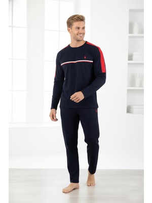 Erkek Pamuklu Pijama Takımı Lacivert Renk Uzun Kollu Rahat Kalıp Esnek Kumaş C2T1N05