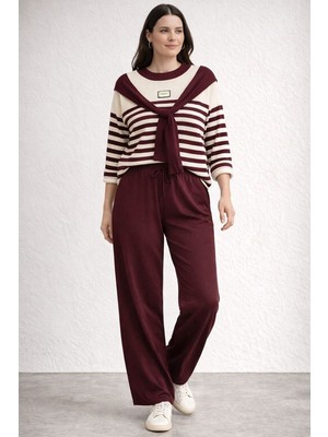 BezeXL Büyük Beden Yakası Bağlamalı Triko Ikili Takım Bordo