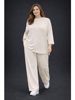 BezeXL Büyük Beden Düz Önü Dikişli Triko Ikili Takım Ekru