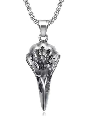 Herşey Nota Odin Raven Vegvisir Viking Işlemeli Kuzgun Kafatası Gotik Paslanmaz Kararmaz 316L Çelik Erkek Kolye