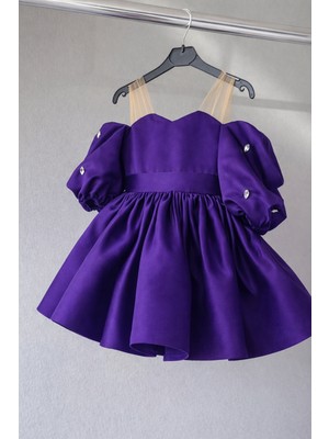 Musgem Özel Tasarım Mor Tül Askılı Taş Detaylı Balon Kol Kız Çocuk Abiye Elbise
