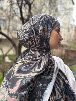 Shalby Tesettür Etnik Desenli Soft Pamuk Şal Gri-Yavruağzı