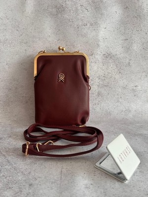 Shalby Bordo Gold Detaylı Kadın Çanta I Vintage Tasarım I 3 Gözlü Şık Model ve Makyaj Aynası