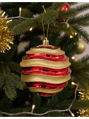 Dodomar 15 cm – Beyaz Yatay Çizgili Parlak Kırmızı Yılbaşı Top Süs Büyük Boy Dekoratif Ağaç Süsü